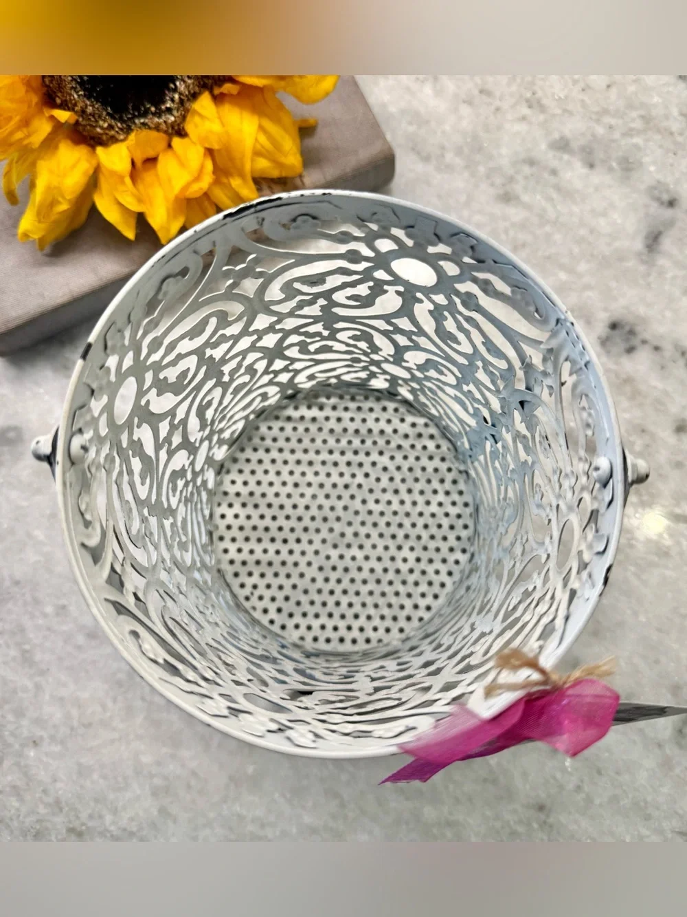 New Rustic Distressed Ornate Chippy White Metal Bucket Holder Decor - 7” x 5”